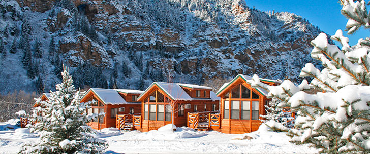 snow-covered resort cabins